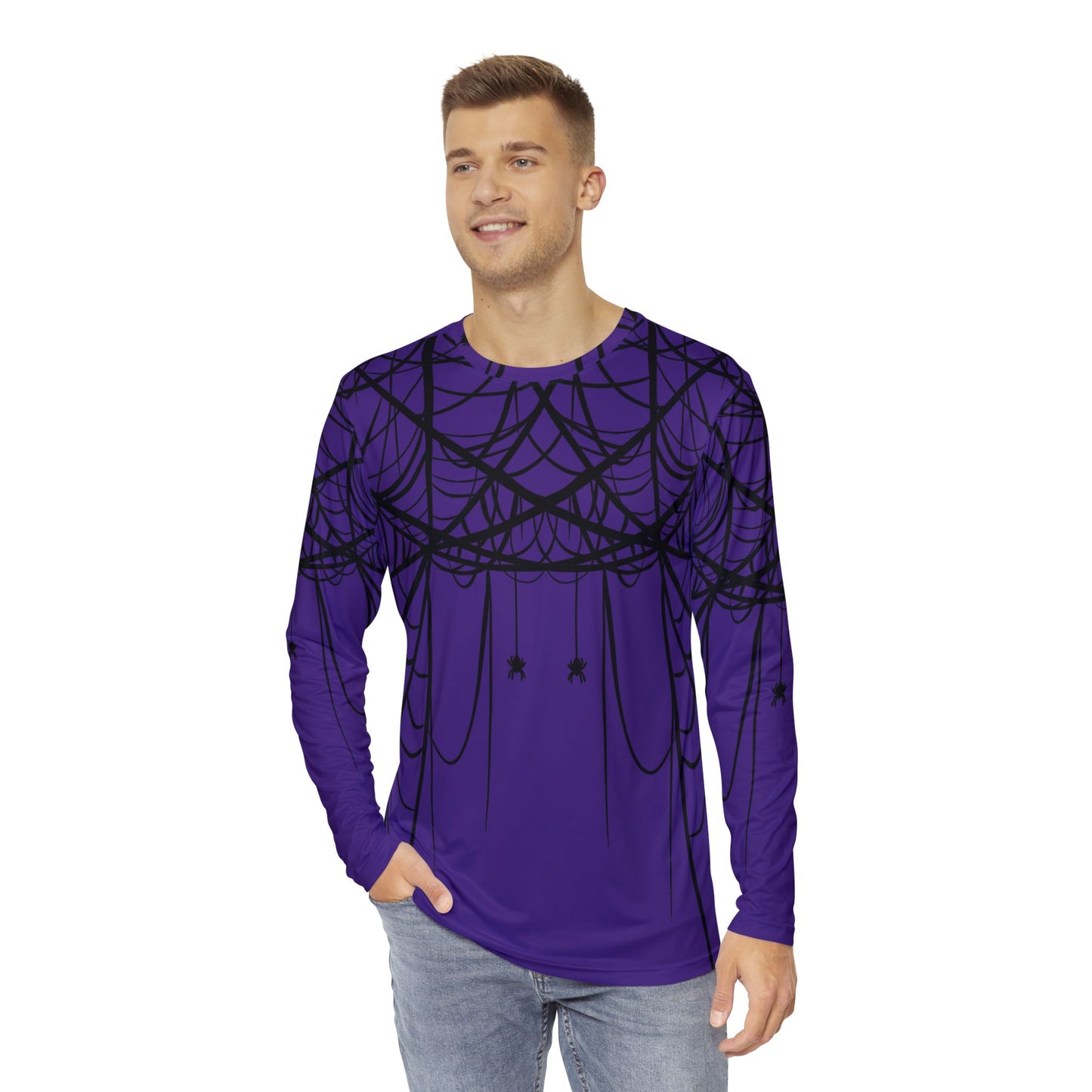 Men's Purple Long Sleeve Shirt with Double Spiderweb Design - Perfect for Halloween, Casual Wear, Gifts, and Parties