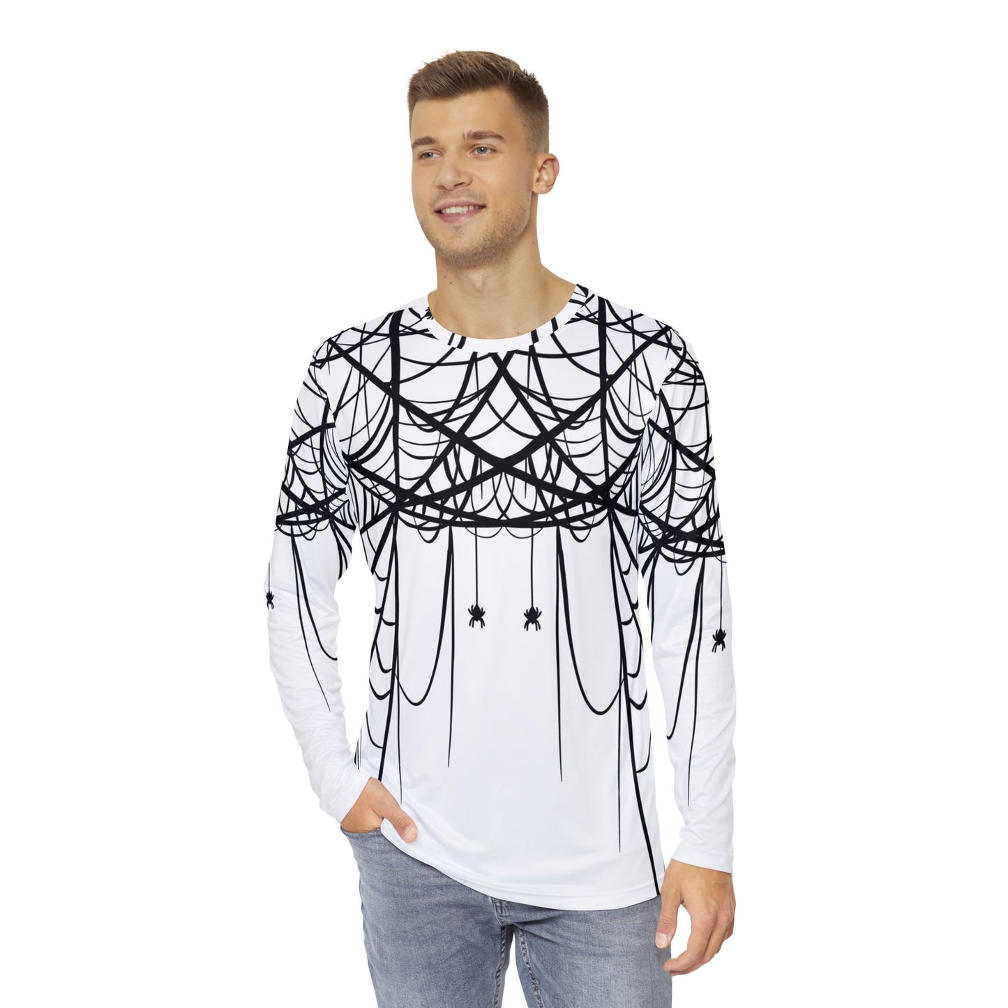 Men's White Long Sleeve Shirt White with Double Spiderweb Design - Perfect for Halloween, Casual Wear, Gifts, and Parties