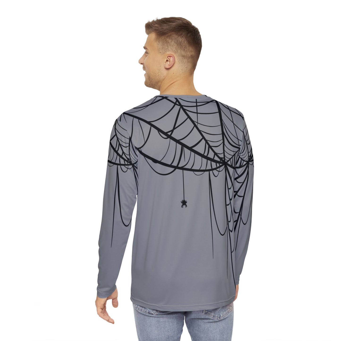 Men's Long Sleeve Shirt Light Grey with Spiderweb Design - Perfect for Halloween, Casual Wear, Gifts, and Parties