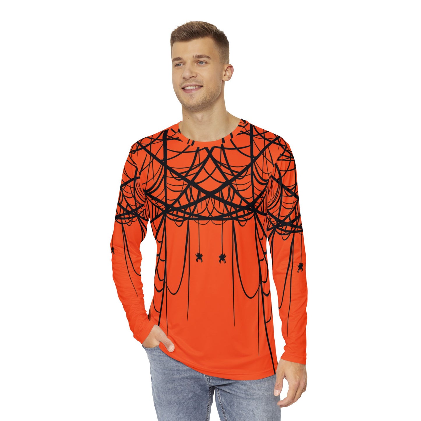 Men's Orange Long Sleeve Shirt White with Double Spiderweb Design - Perfect for Halloween, Casual Wear, Gifts, and Parties