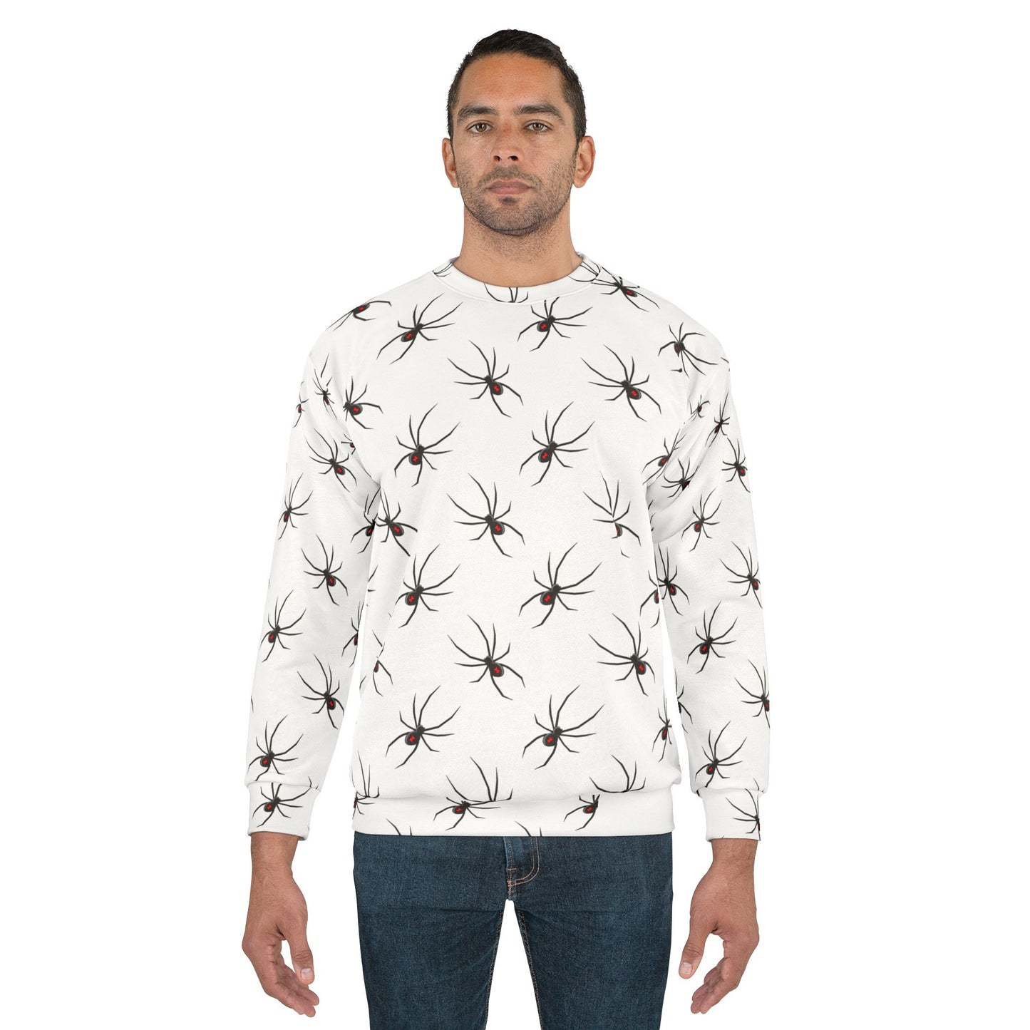 Spider Pattern 0n White Unisex Sweatshirt - Cozy Halloween Style, Fall Fashion, Graphic Jumper, Unique Gift, Streetwear