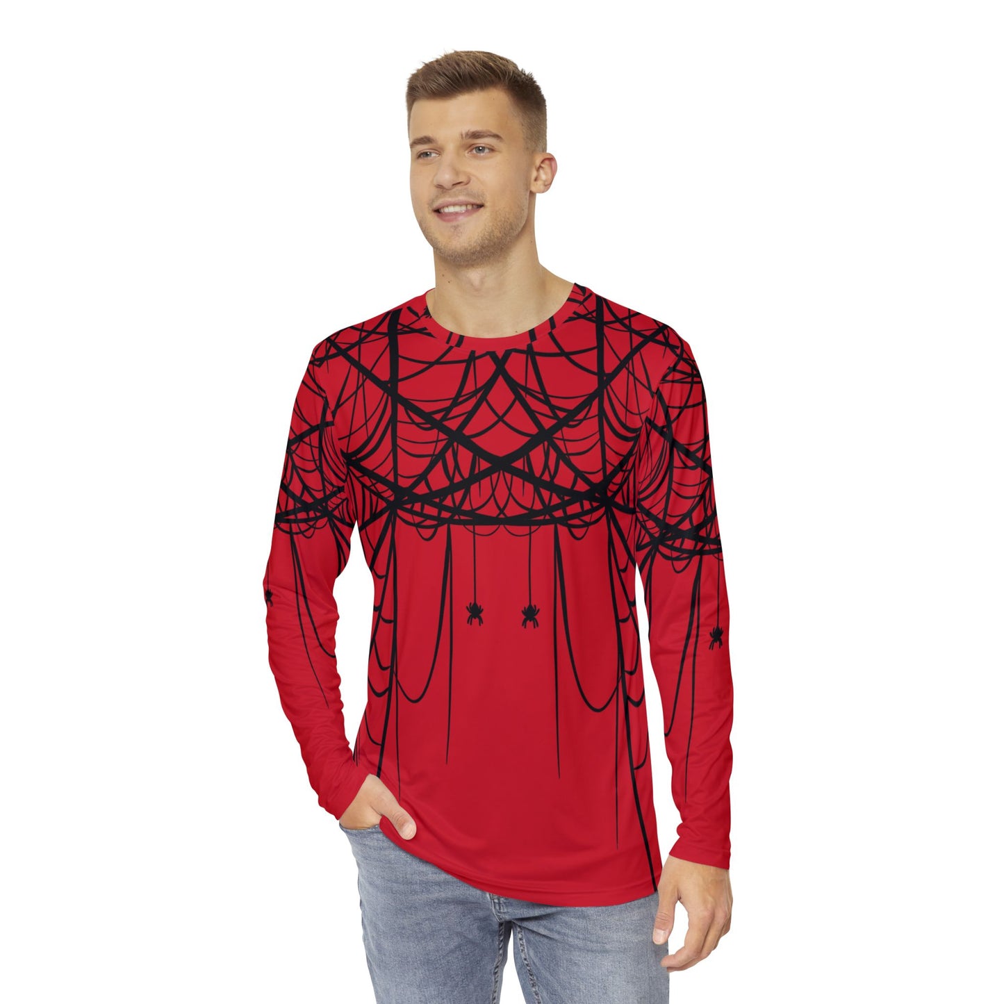 Men's Red Long Sleeve Shirt with Double Spiderweb Design - Perfect for Halloween, Casual Wear, Gifts, and Parties
