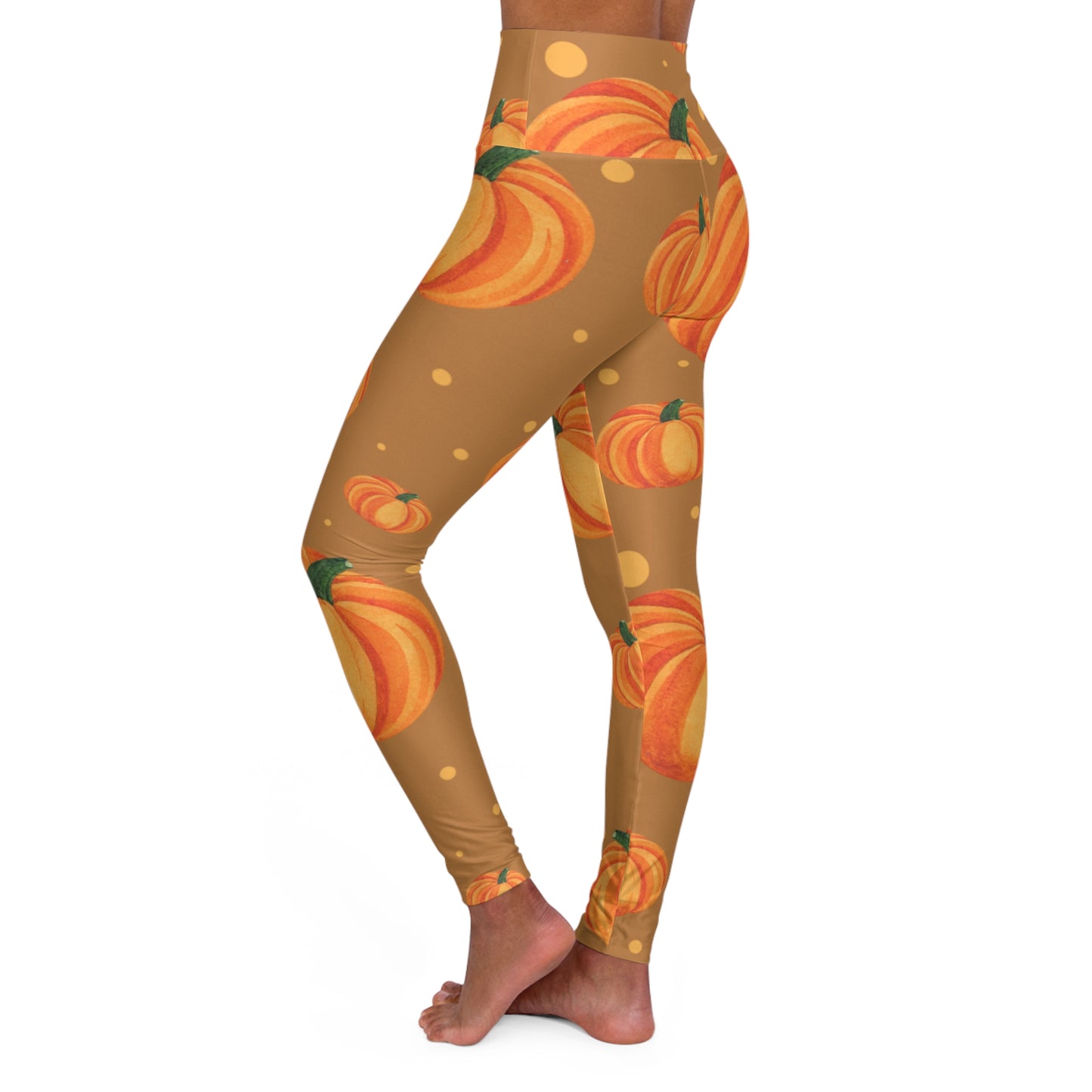Autumn Pumpkin on Brown High Waisted Yoga Leggings, Fall Workout Tights, Comfy Fitness Wear, Perfect for Fall Activities, Thanksgiving Leggings