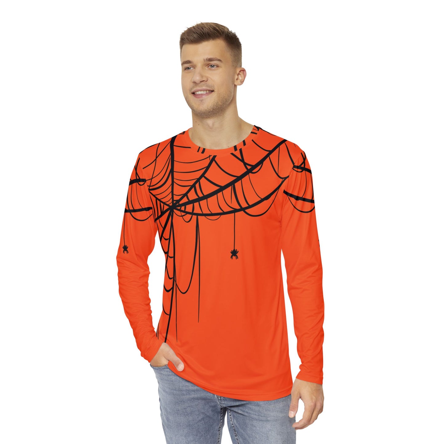 Men's Long Sleeve Shirt Orange with Spiderweb Design - Perfect for Halloween, Casual Wear, Gifts, and Parties