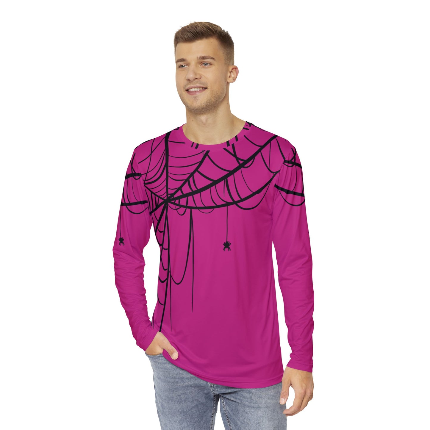 Men's Long Sleeve Shirt Purple with Spiderweb Design - Perfect for Halloween, Casual Wear, Gifts, and Parties