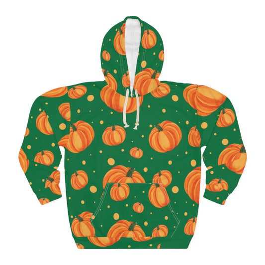 Green Pumpkin Spice Pullover Hoodie, Cozy Fall Apparel, Unisex Harvest Hoodie, Autumn Fashion, Halloween Sweater, Pumpkin Patch Hoodie