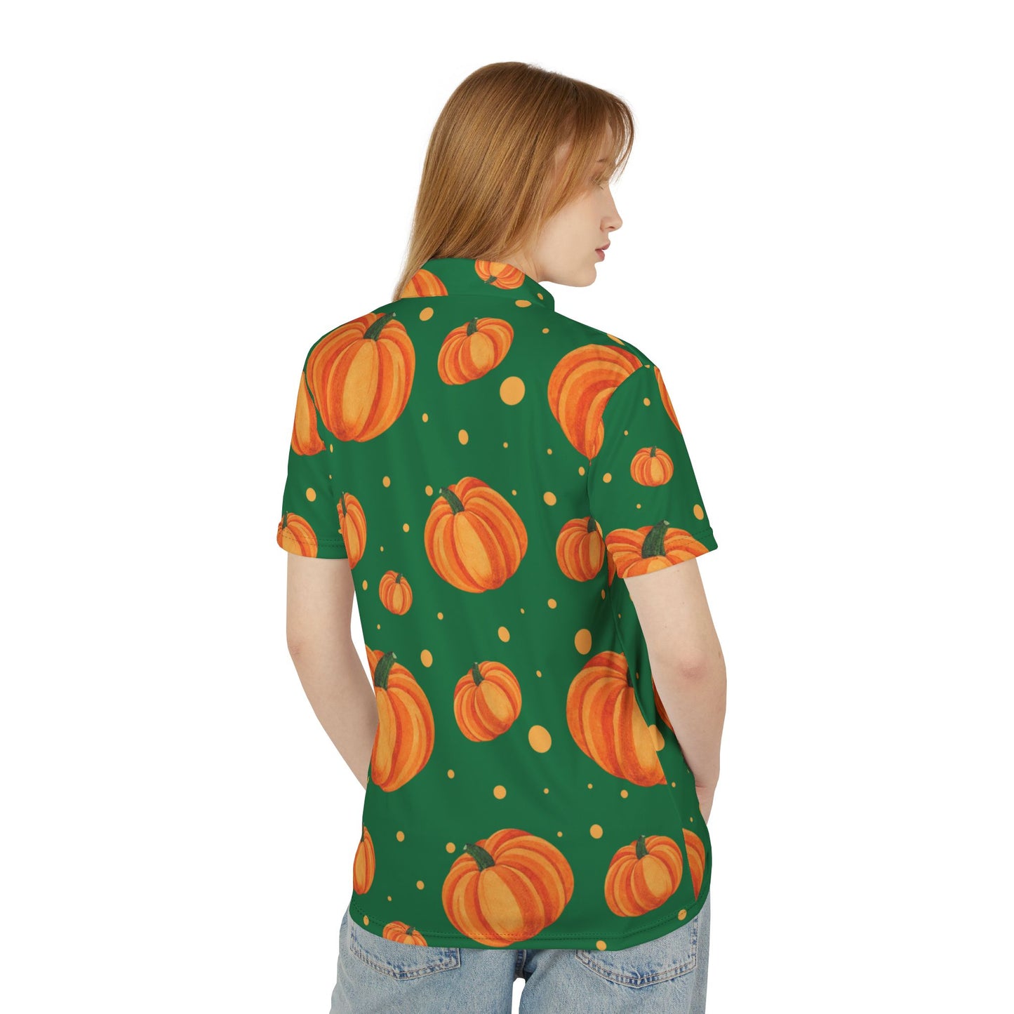 Green Autumn Pumpkin Unisex Polo Shirt, Fall Fashion, Harvest Celebration, Casual Wear, Gift for Him and Her, Seasonal Apparel