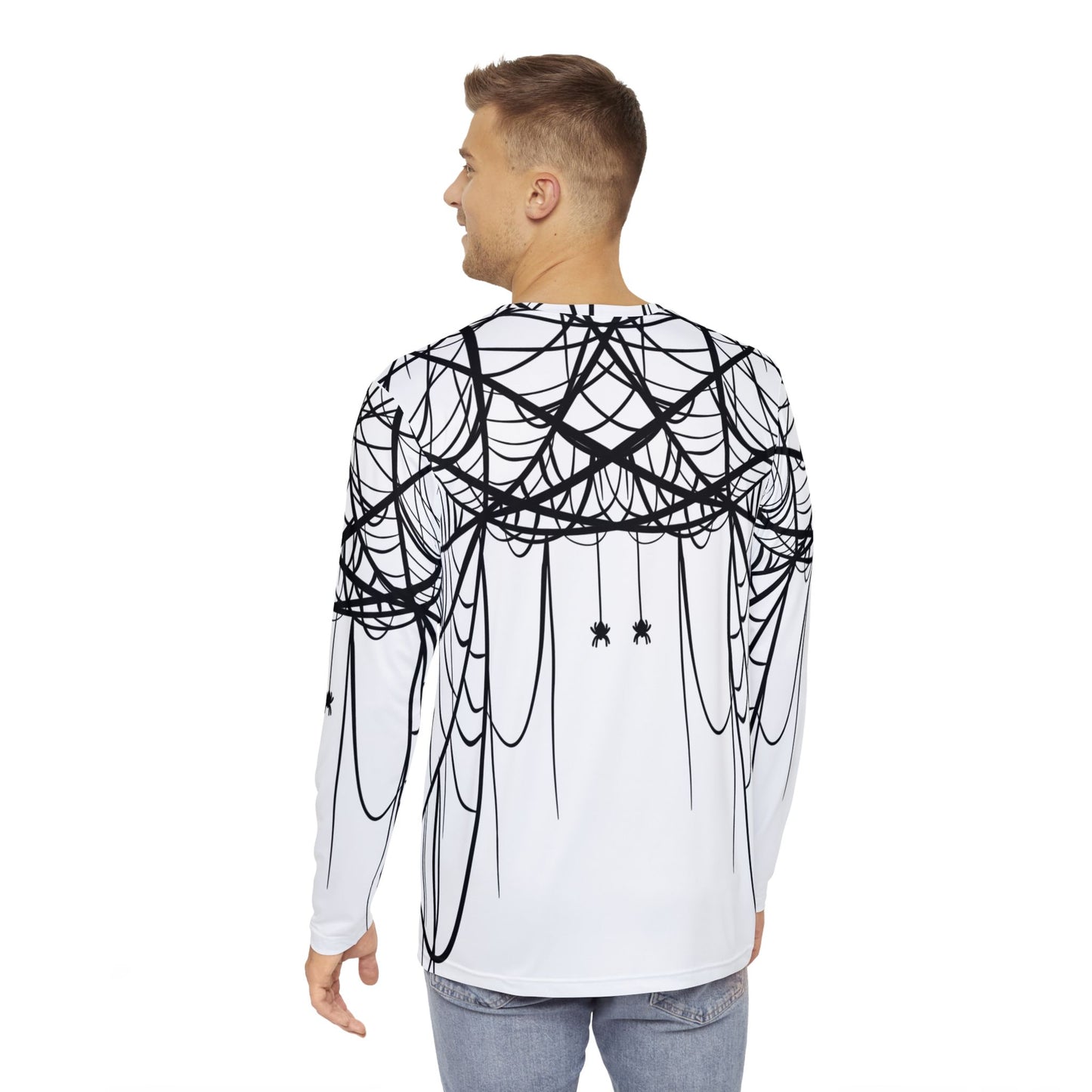 Men's White Long Sleeve Shirt White with Double Spiderweb Design - Perfect for Halloween, Casual Wear, Gifts, and Parties