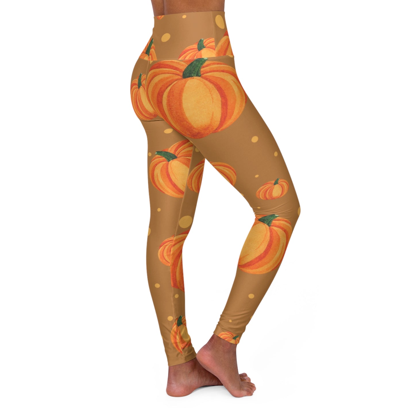 Autumn Pumpkin on Brown High Waisted Yoga Leggings, Fall Workout Tights, Comfy Fitness Wear, Perfect for Fall Activities, Thanksgiving Leggings