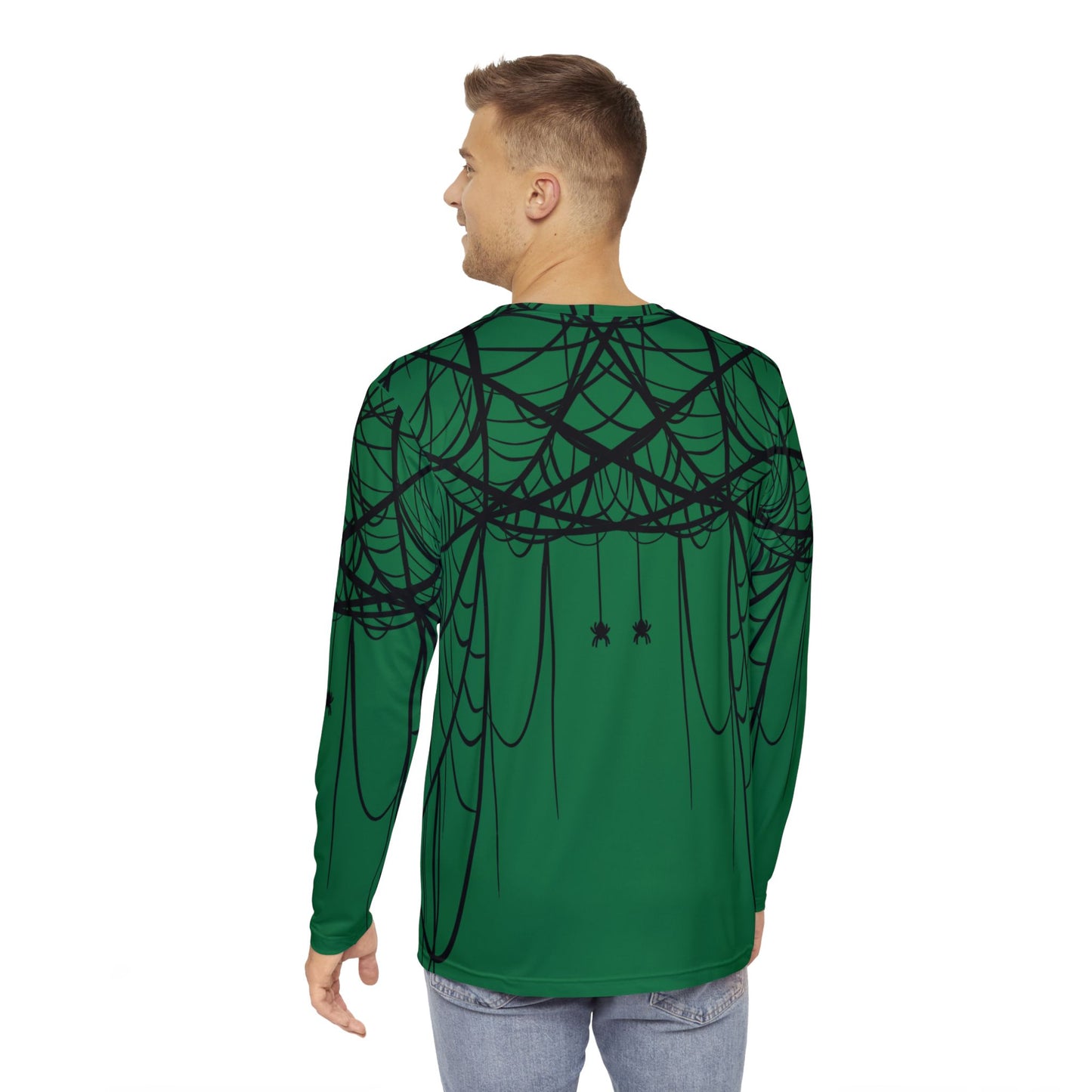 Men's Dark Green Long Sleeve Shirt White with Double Spiderweb Design - Perfect for Halloween, Casual Wear, Gifts, and Parties