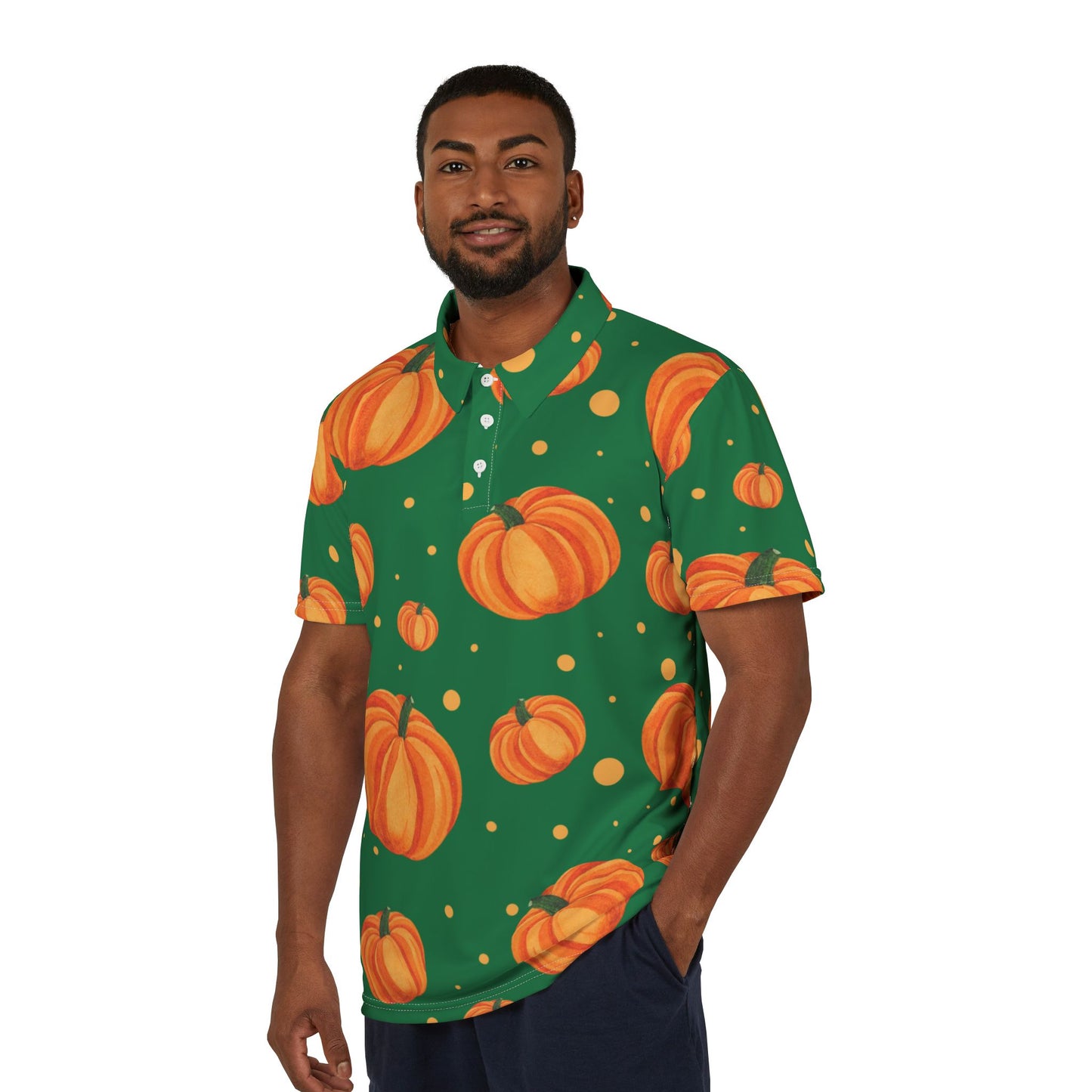 Green Autumn Pumpkin Unisex Polo Shirt, Fall Fashion, Harvest Celebration, Casual Wear, Gift for Him and Her, Seasonal Apparel