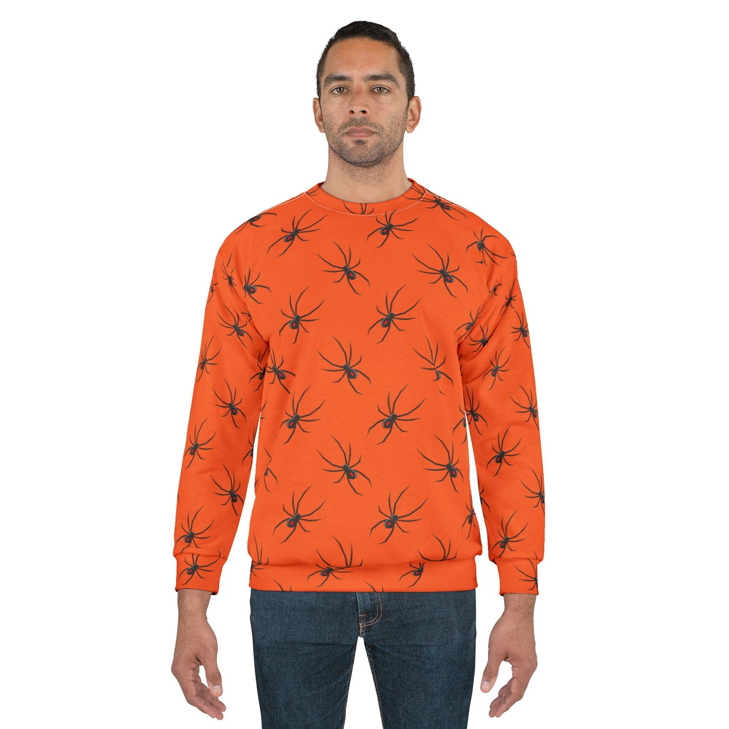 Spider Pattern 0n Orange Unisex Sweatshirt - Cozy Halloween Style, Fall Fashion, Graphic Jumper, Unique Gift, Streetwear