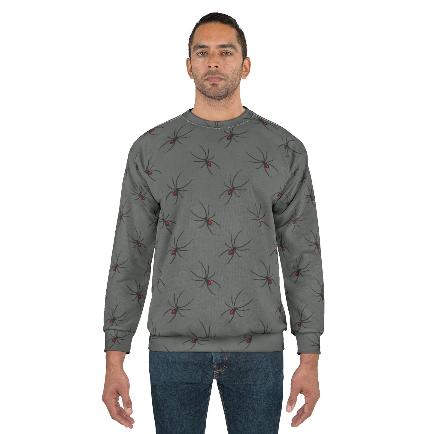 Spider Pattern 0n Grey Unisex Sweatshirt - Cozy Halloween Style, Fall Fashion, Graphic Jumper, Unique Gift, Streetwear