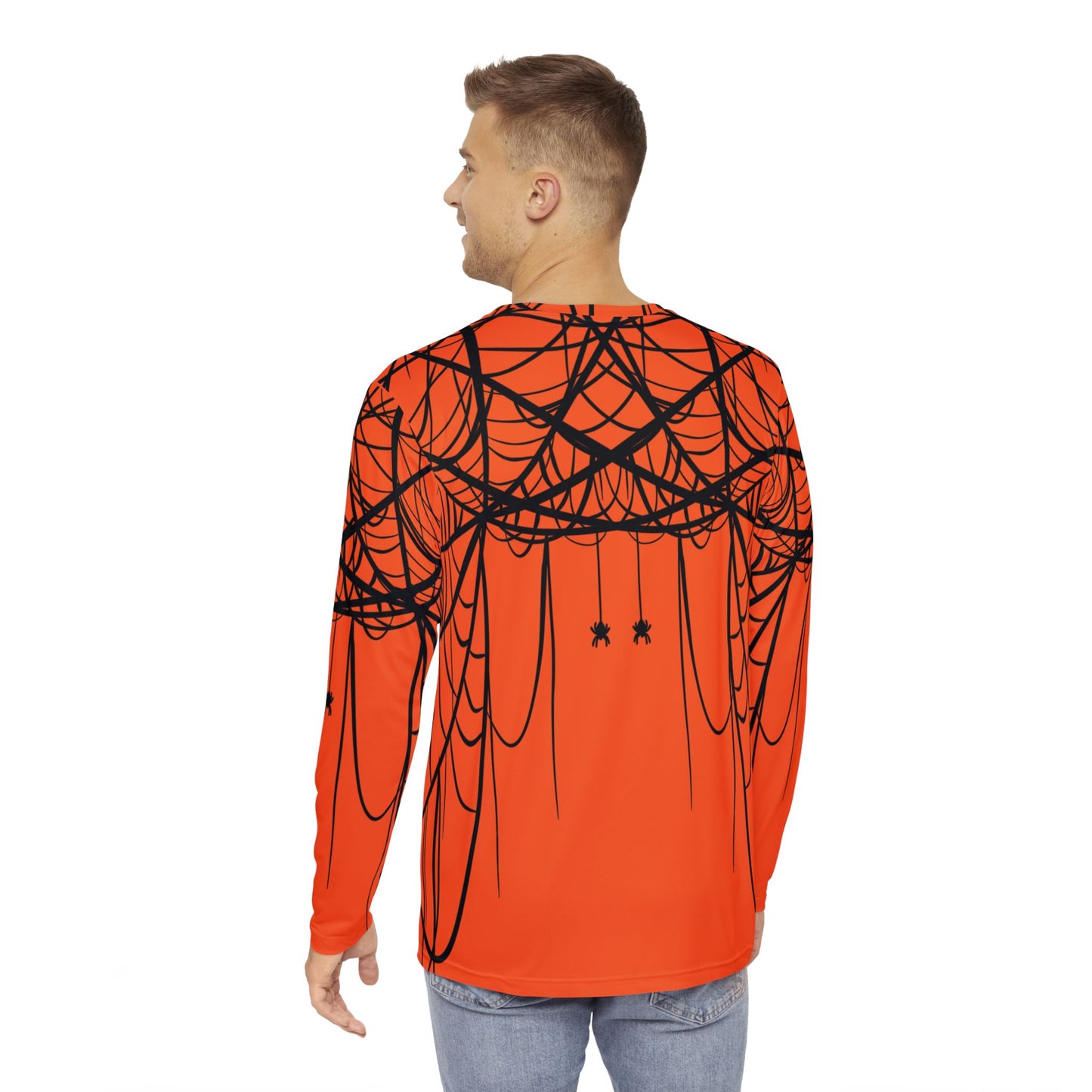 Men's Orange Long Sleeve Shirt White with Double Spiderweb Design - Perfect for Halloween, Casual Wear, Gifts, and Parties