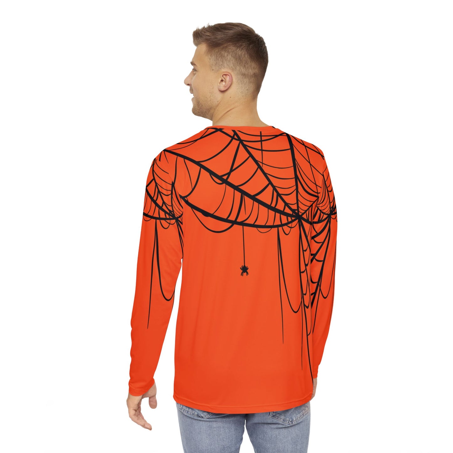 Men's Long Sleeve Shirt Orange with Spiderweb Design - Perfect for Halloween, Casual Wear, Gifts, and Parties