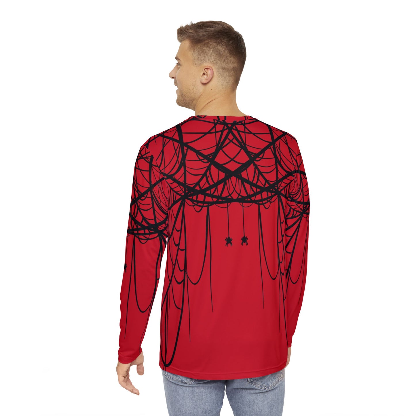 Men's Red Long Sleeve Shirt with Double Spiderweb Design - Perfect for Halloween, Casual Wear, Gifts, and Parties