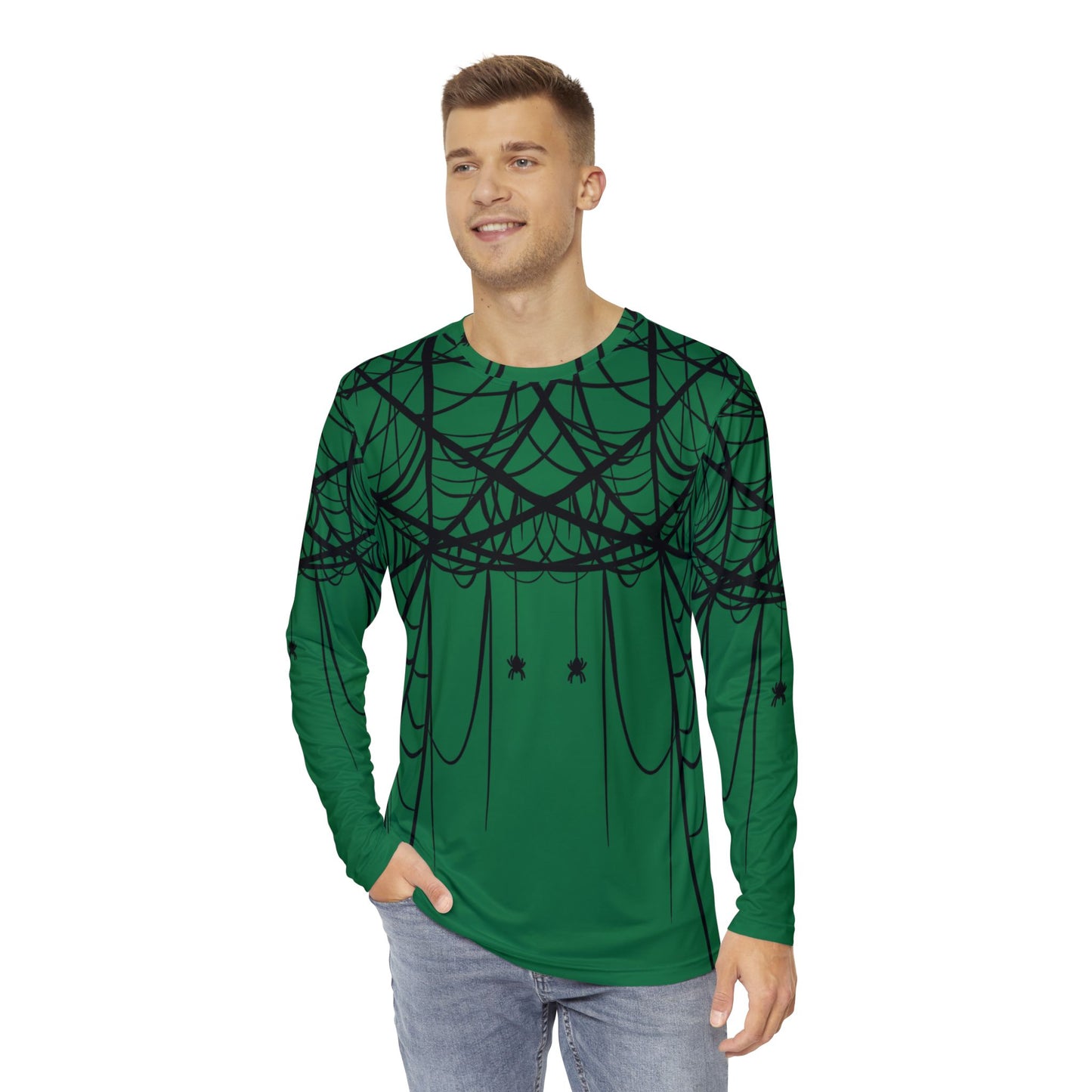 Men's Dark Green Long Sleeve Shirt White with Double Spiderweb Design - Perfect for Halloween, Casual Wear, Gifts, and Parties
