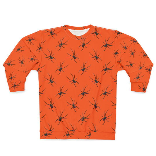 Spider Pattern 0n Orange Unisex Sweatshirt - Cozy Halloween Style, Fall Fashion, Graphic Jumper, Unique Gift, Streetwear