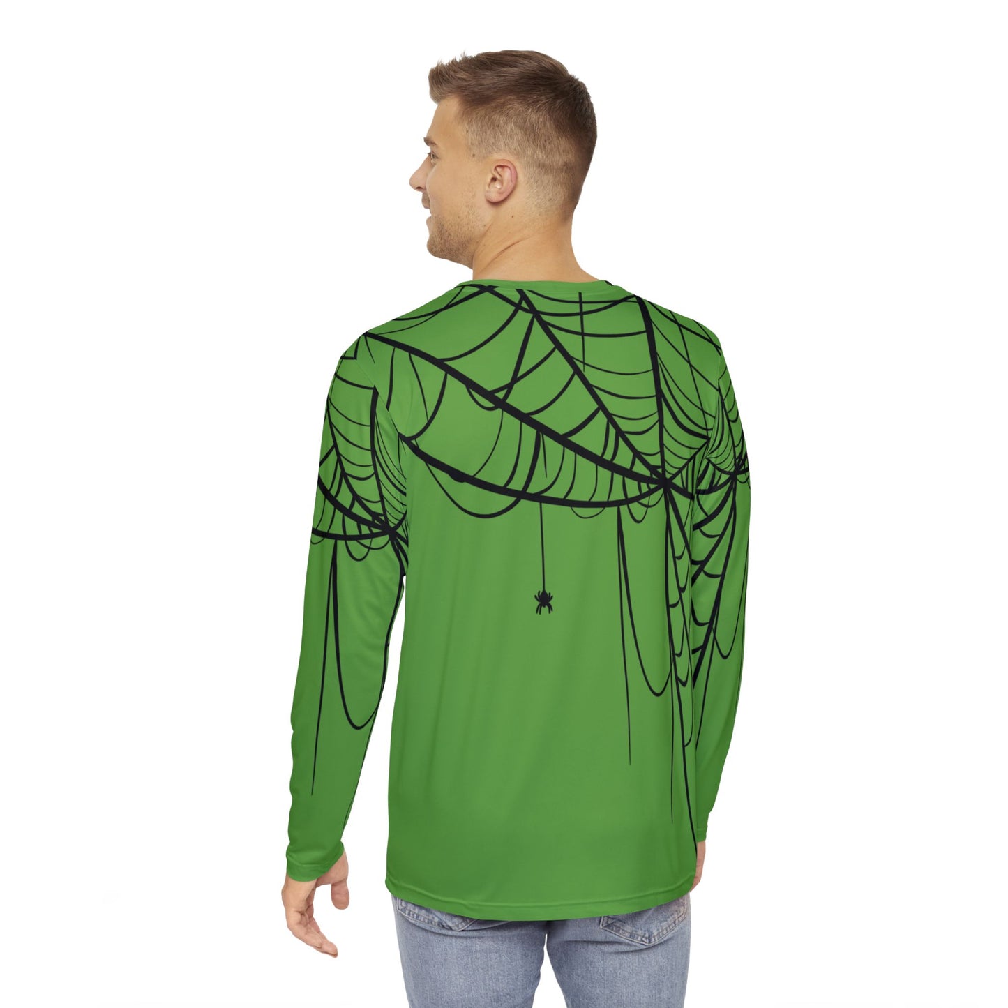 Men's Long Sleeve Shirt Green with Spiderweb Design - Perfect for Halloween, Casual Wear, Gifts, and Parties
