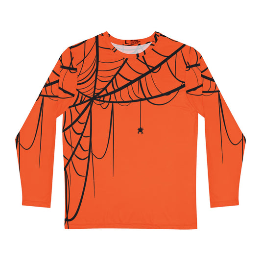 Men's Long Sleeve Shirt Orange with Spiderweb Design - Perfect for Halloween, Casual Wear, Gifts, and Parties