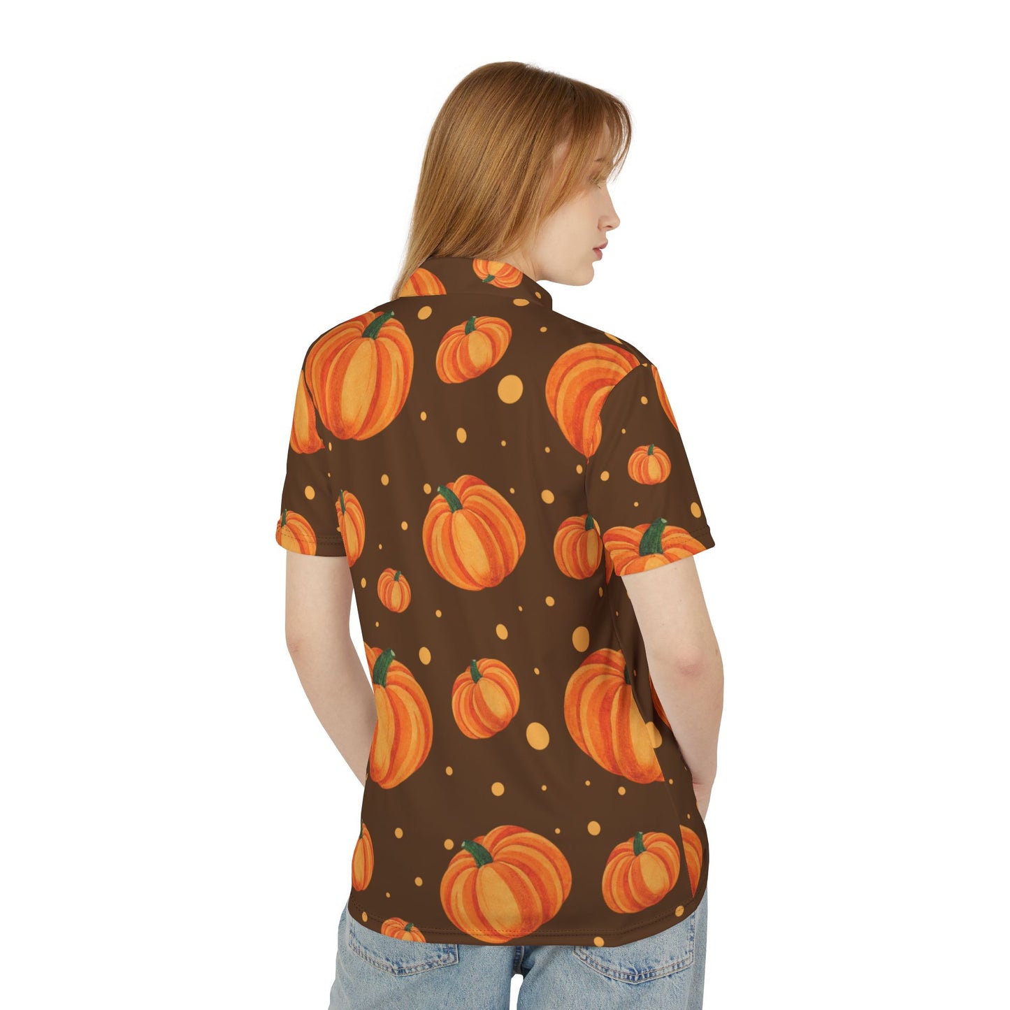 Brown Autumn Pumpkin Unisex Polo Shirt, Fall Fashion, Harvest Celebration, Casual Wear, Gift for Him and Her, Seasonal Apparel