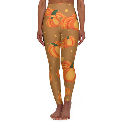 Autumn Pumpkin on Brown High Waisted Yoga Leggings, Fall Workout Tights, Comfy Fitness Wear, Perfect for Fall Activities, Thanksgiving Leggings