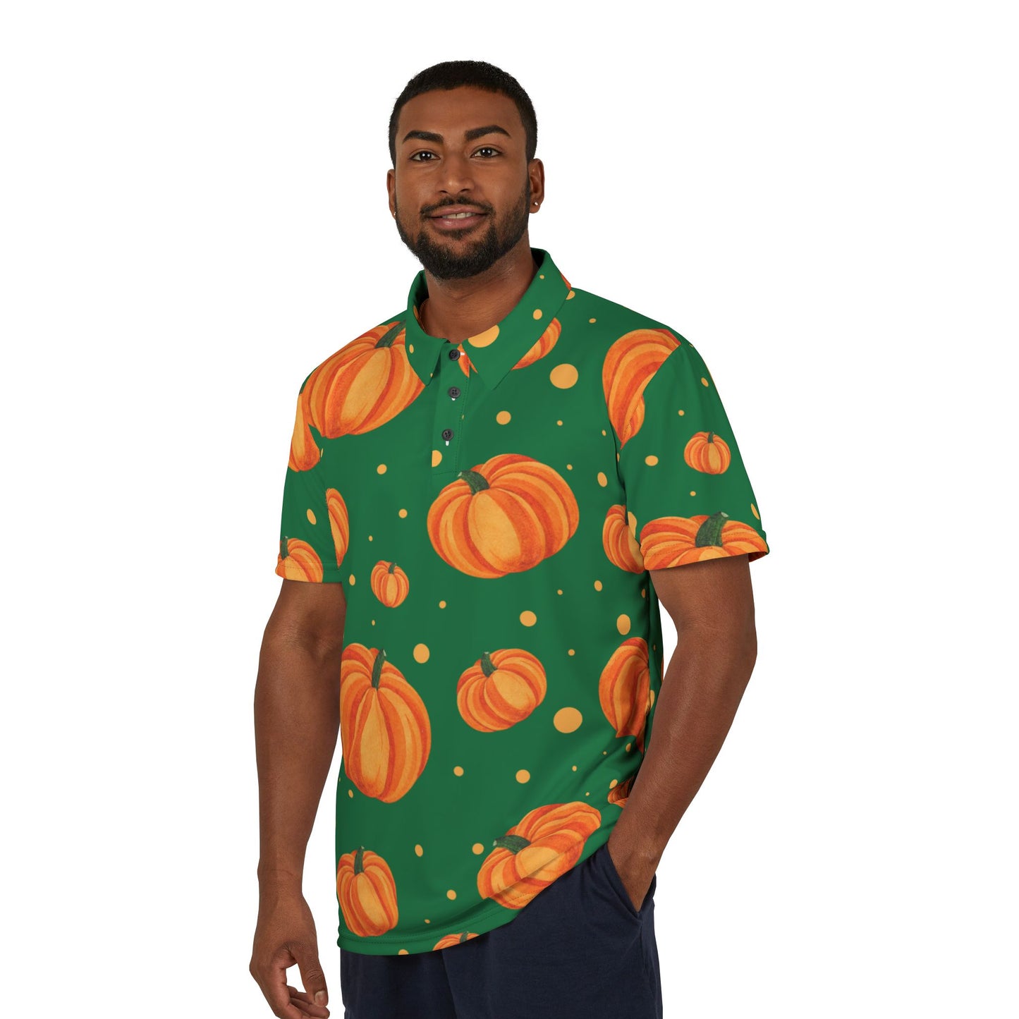 Green Autumn Pumpkin Unisex Polo Shirt, Fall Fashion, Harvest Celebration, Casual Wear, Gift for Him and Her, Seasonal Apparel