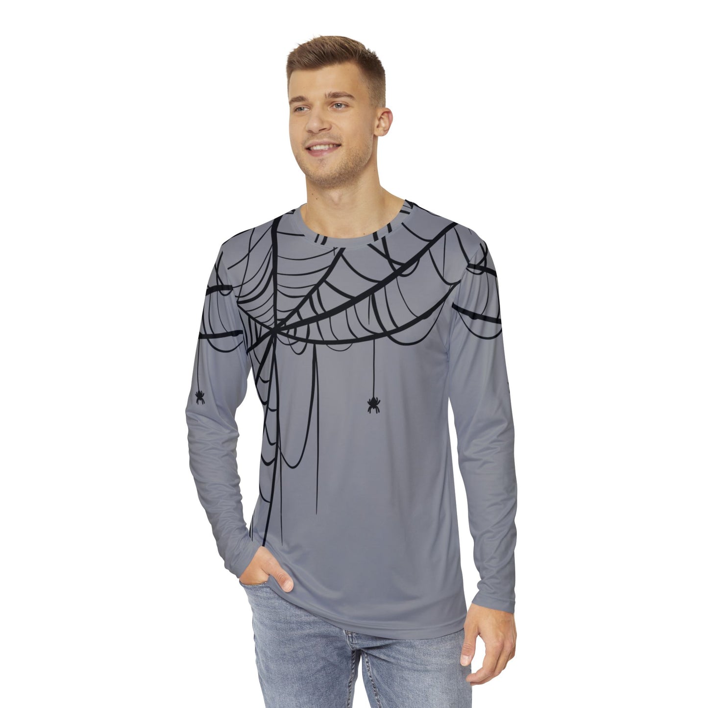 Men's Long Sleeve Shirt Light Grey with Spiderweb Design - Perfect for Halloween, Casual Wear, Gifts, and Parties