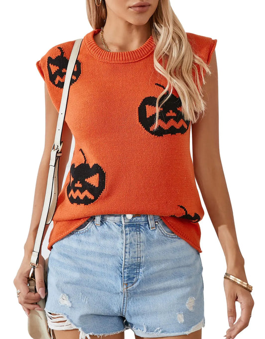 Allifewithu Womens Halloween Sweater Vest Cap Sleeve Sweaters Top Lightweight Halloween Sweater Shirt (OrangeSmall)