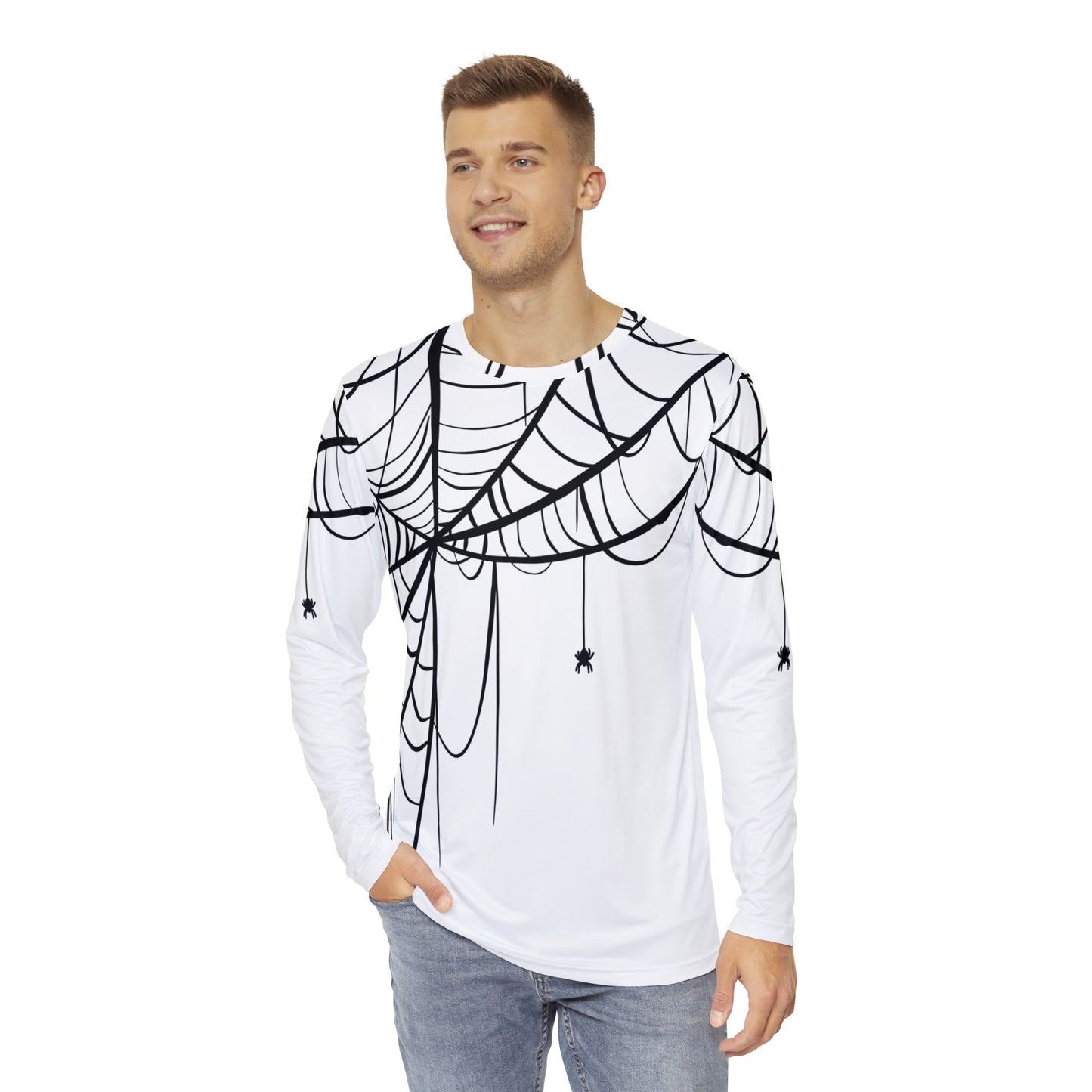 Men's Long Sleeve Shirt White with Spiderweb Design - Perfect for Halloween, Casual Wear, Gifts, and Parties