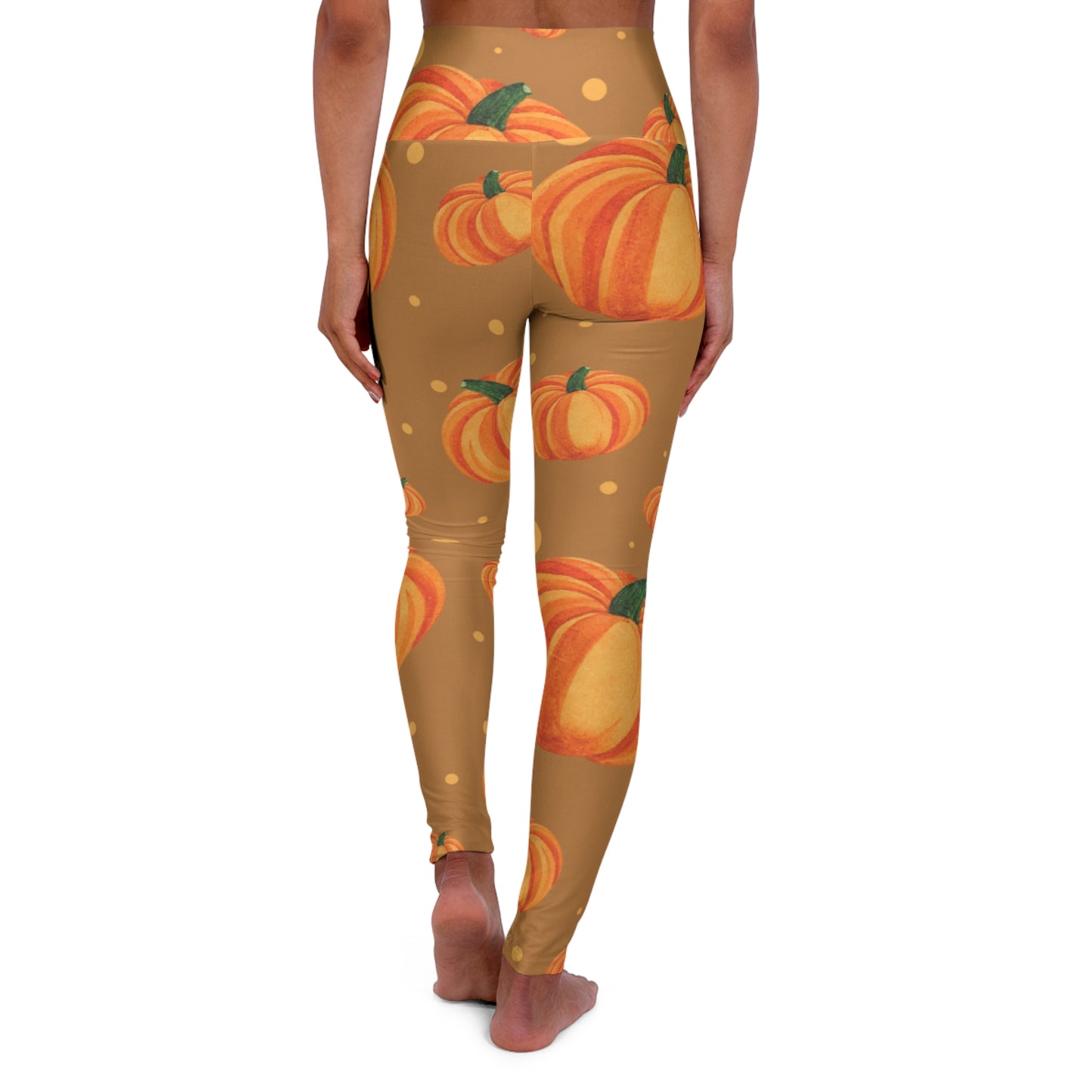 Autumn Pumpkin on Brown High Waisted Yoga Leggings, Fall Workout Tights, Comfy Fitness Wear, Perfect for Fall Activities, Thanksgiving Leggings