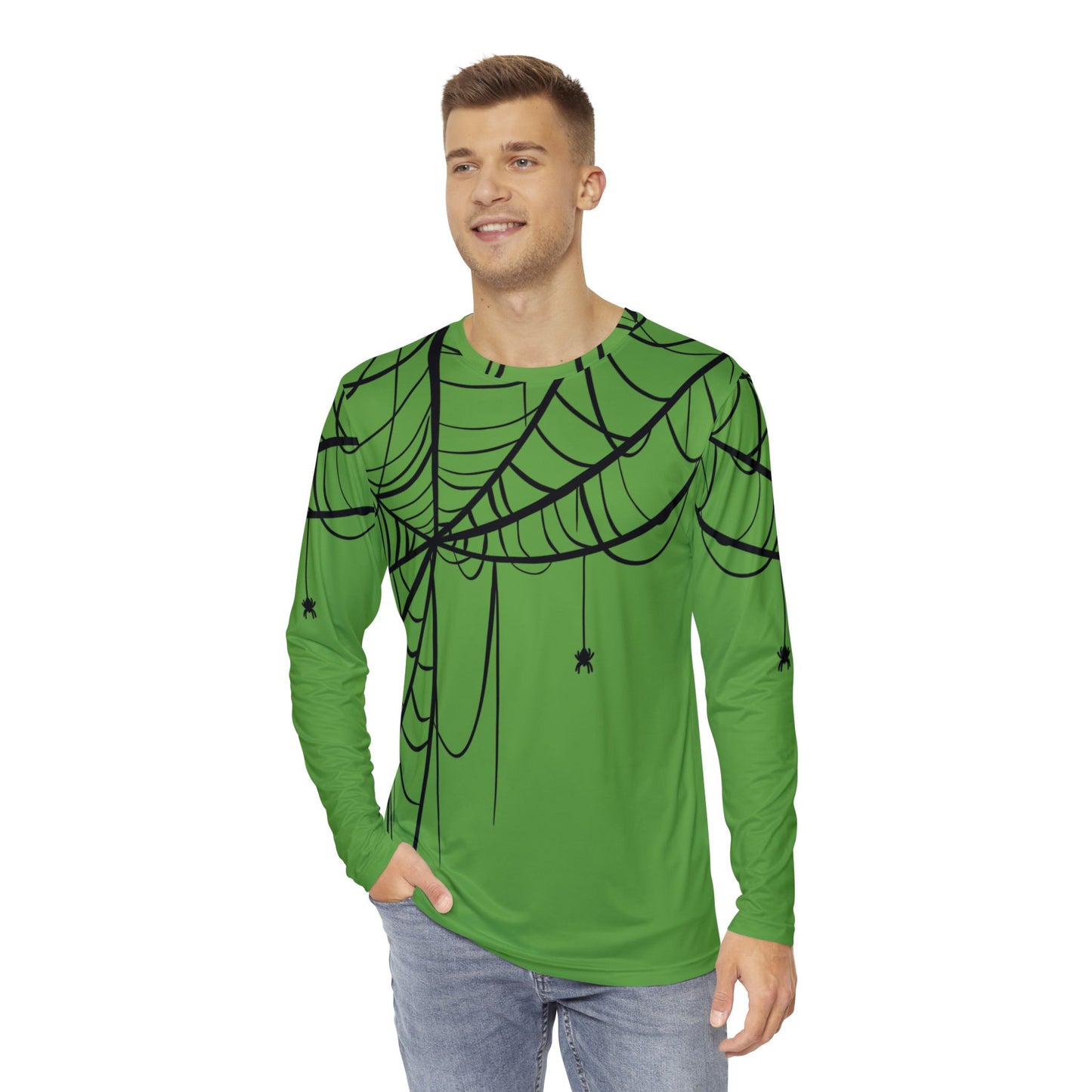 Men's Long Sleeve Shirt Green with Spiderweb Design - Perfect for Halloween, Casual Wear, Gifts, and Parties