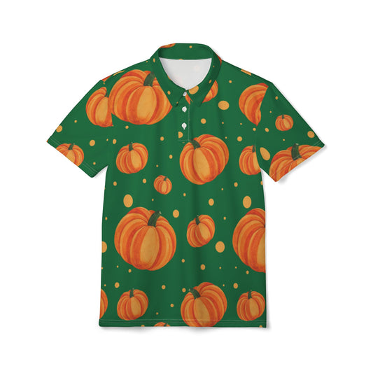 Green Autumn Pumpkin Unisex Polo Shirt, Fall Fashion, Harvest Celebration, Casual Wear, Gift for Him and Her, Seasonal Apparel