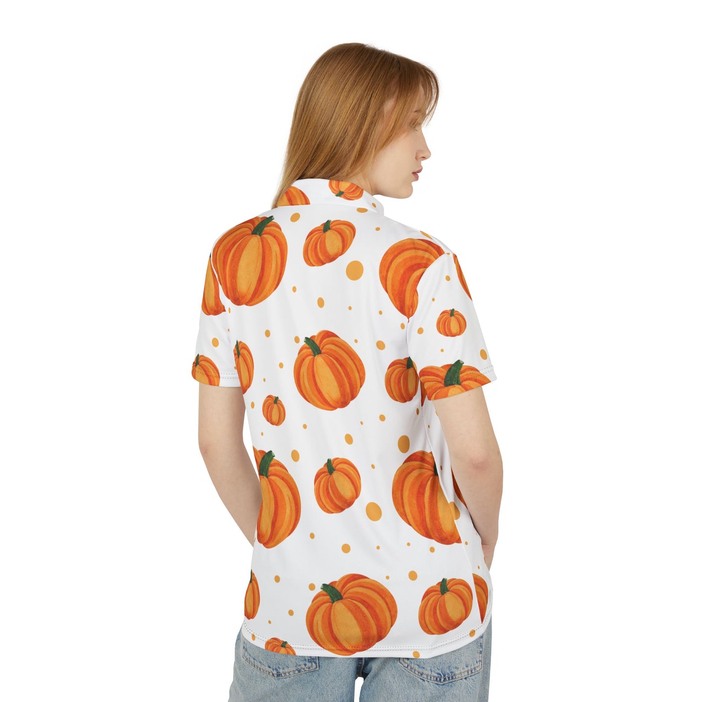 White Autumn Pumpkin Unisex Polo Shirt, Fall Fashion, Harvest Celebration, Casual Wear, Gift for Him and Her, Seasonal Apparel